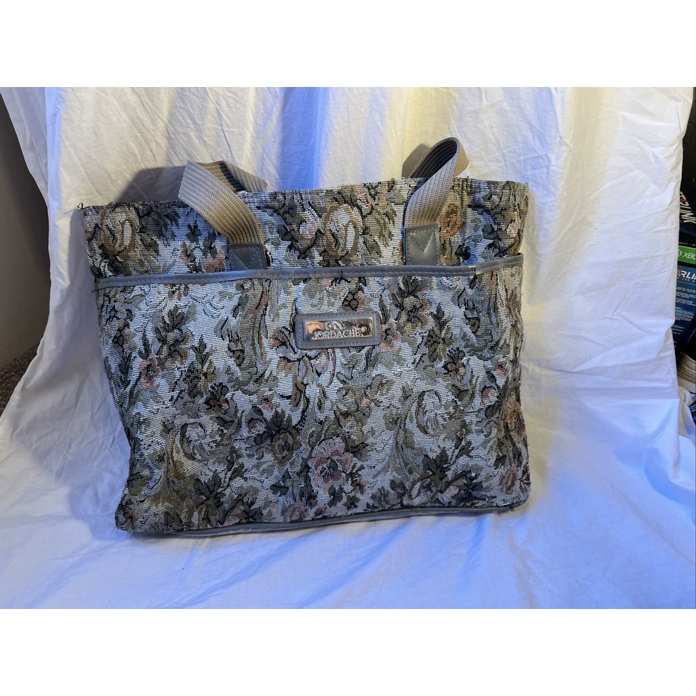 Vintage Jordache Floral Tapestry Double Handle Bag Travel Plastic Bottom